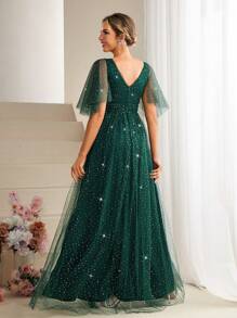 SHEIN Belle V領閃亮露網襯衫帶帝國腰設計禮服晚禮服舞會長派對女裝 - 墨綠色 - 查看 2