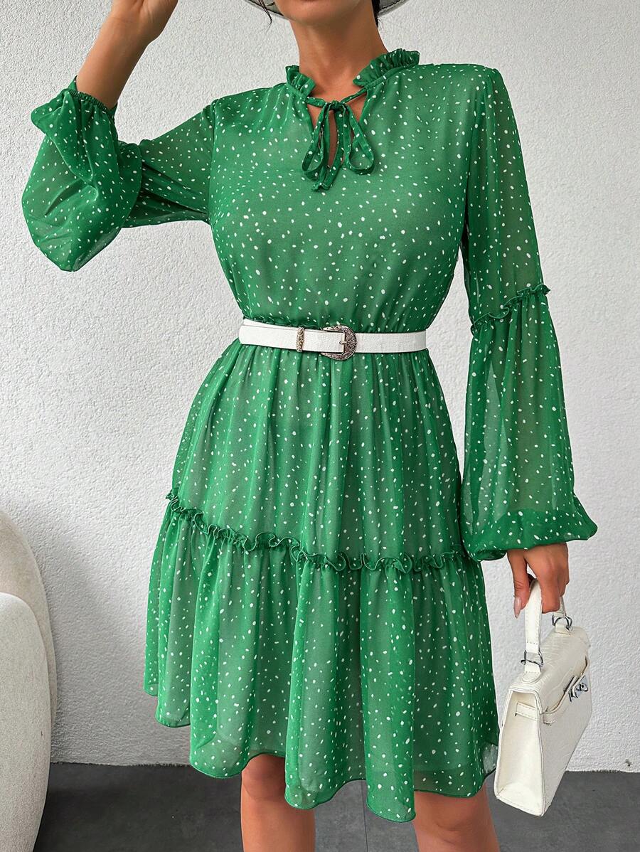 EURMUSE Women's Polka Dot Lantern Sleeve Dress With Tie Neckline And Ruffle Hem - Green - View 1