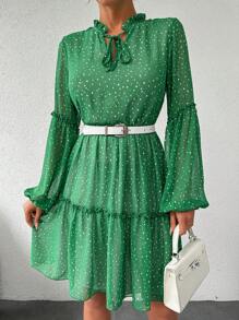EURMUSE Women's Polka Dot Lantern Sleeve Dress With Tie Neckline And Ruffle Hem - Green - View 6