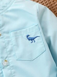 寶貝男童春夏恐龍刺繡長袖上衣和洗水牛仔短褲時尚套裝 - 藍色 - 查看 4