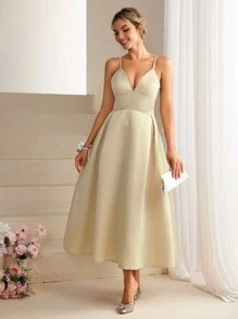 SHEIN BAE Solid Color Pleated V-Neckline Waist Cinched Bridesmaid Dress With Spaghetti Straps