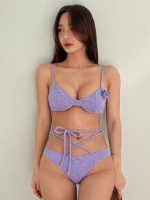 DAZY 花卉提花细肩带比基尼套装，适合夏季海滩度假，Tankini 泳衣 - 紫色 - 查看 1