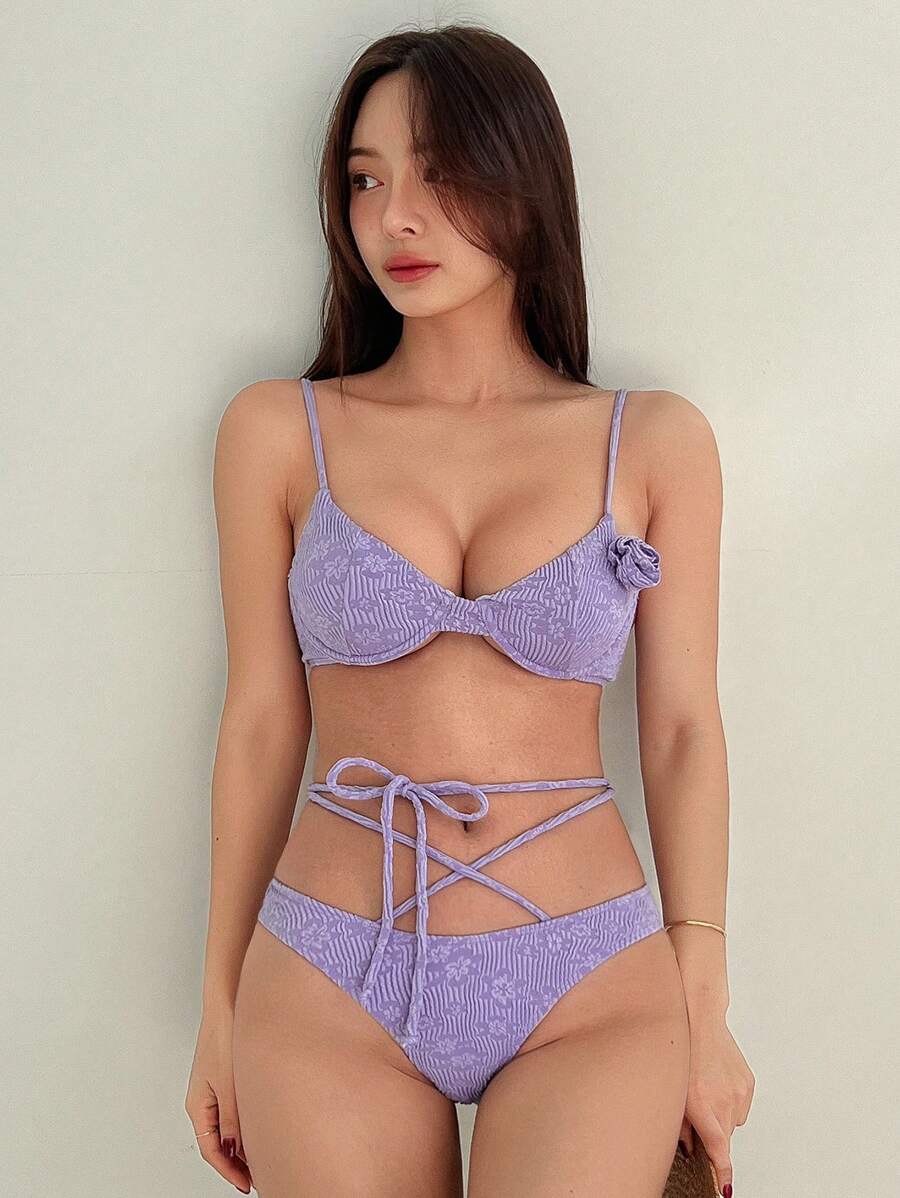 DAZY 花卉提花细肩带比基尼套装，适合夏季海滩度假，Tankini 泳衣 - 紫色 - 查看 1
