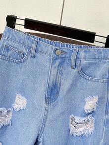 SHEIN Tween Girl Y2K Spring Summer Beach Washed Distressed Ripped Frayed Tapered Denim Jeans,Girls Summer Clothes Outfits - Light Wash - View 4
