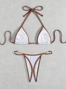 Swim Vcay Contrast Trim Triangle Top Halter Neck Two Pieces Bikini Set, Summer Beach