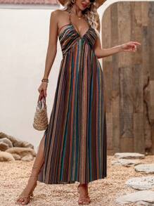 Breezaya Colorblock Striped Split Back Halterneck Dress Maxi Vacation Beach Outfits Women - Brown - View 3