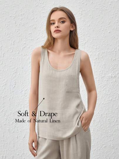 Ocili 天然亞麻舒適透氣卡其前袋背心