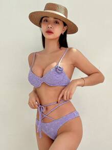 DAZY 花卉提花细肩带比基尼套装，适合夏季海滩度假，Tankini 泳衣 - 紫色 - 查看 4