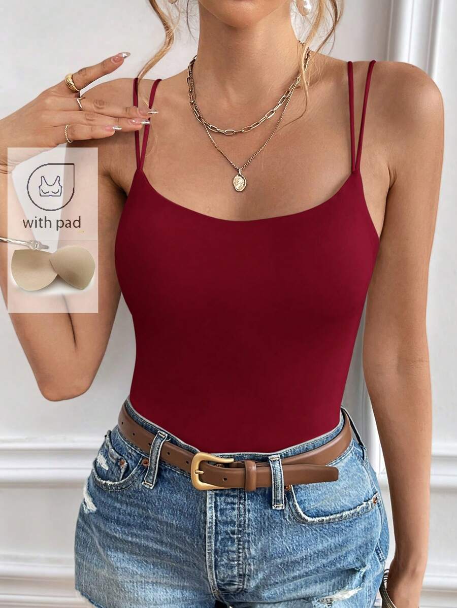 SHEIN Frenchy Ladies' Solid Color Double Shoulder Strap Camisole With Chest Padding Summer Top Vacation Clothes - Burgundy - View 1