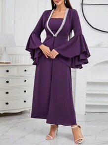 Modelyn Ladies' Spaghetti Strap Dress And Faux Pearl Woven Belted Flare Sleeve Jacket Two-Piece Set - Purple - View 1