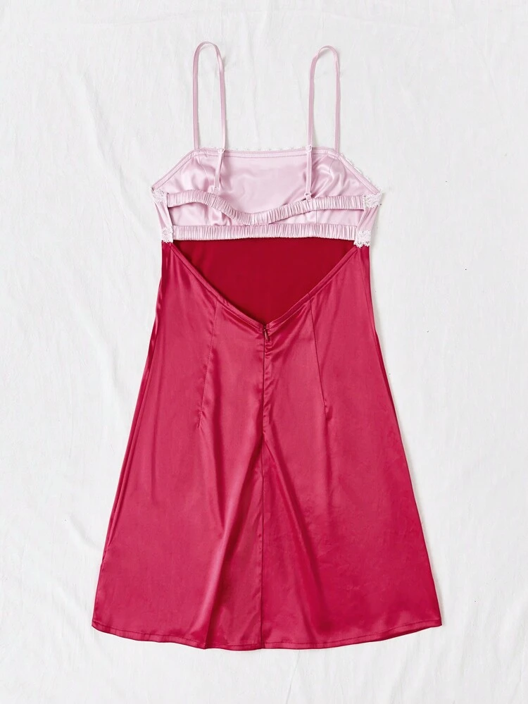 Satin Lace Splicing Contrast Color Backless Cami Dress