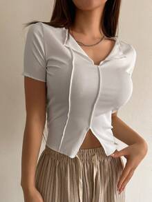 DAZY Của phụ nữ Ngắn tay Bọc Cổ chữ V Áo thun Với Viền chia cắt - trắng - Xem 3