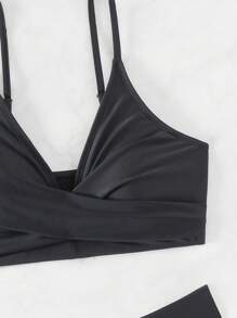 SHEIN Swim Set de bikini unicolor, playa de verano - Negro - Ver 4