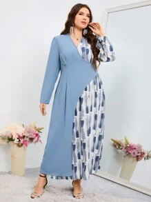 Modelyn Plus Size Printed Patchwork Wrap Dress - Multicolor - View 7