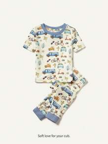 Cozy Pixies Baby Boy's Cartoon Car Pattern Color Block Short Sleeve Top And Footed Pants Snug Fit Pajama Set
