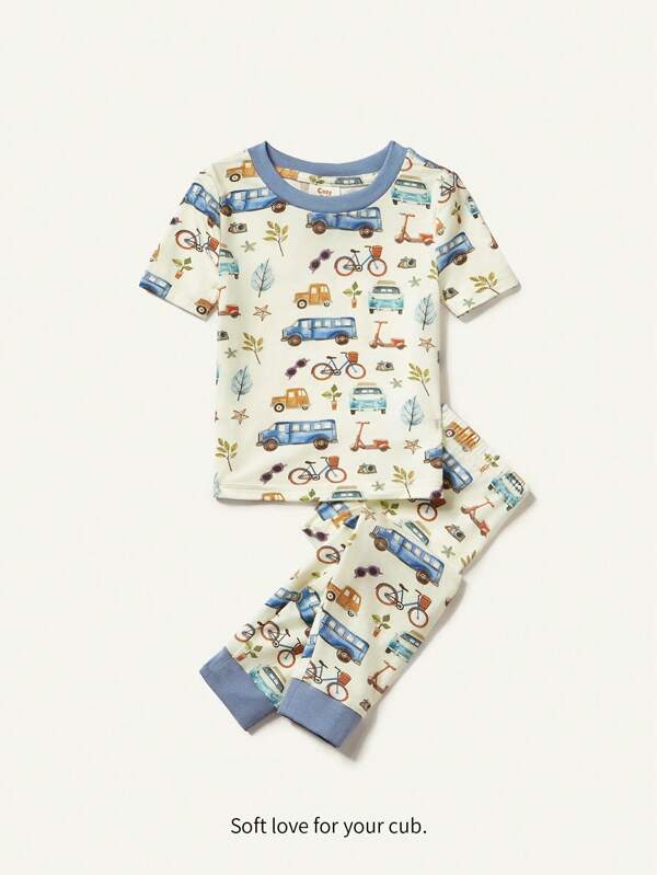 Cozy Pixies Conjunto Pijama Justo Com Manga Curta E Calça Pezinho De Menino Bebê, Estampa De Carro Em Blocos De Cores