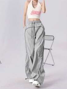 Drawstring Waist Wide Leg Trousers - Grey - View 3