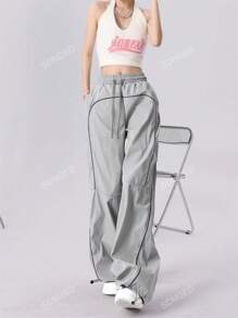 Women's Drawstring Waist Pocket Patchwork Casual Sports Pants