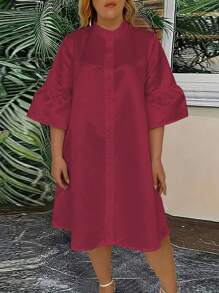 SHEIN Clasi Dress Ukuran Plus Ruffle Tombol Depan Plain Casual - Burgundy - View 1