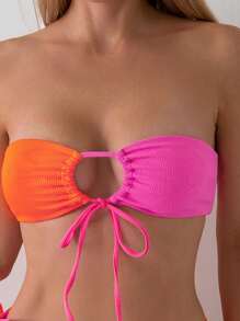 SHEIN Swim 女士比基尼套装拼接吊带比基尼套装分体比基尼套装夏季沙滩装 - 彩色 - 查看 5