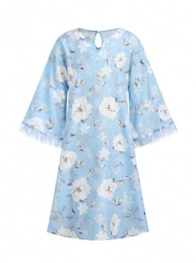 SHEIN Tween Girls' Flower Print Fuzzy Cuff Notched Neckline Long Dress