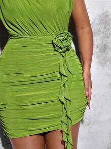 SHEIN BAE Plus Size Women's Ruffle Trim Bodycon Mini Dress With 3d Flower And Elegant Romantic Design For Party, Date, Everyday,Birthday Dresses For Women