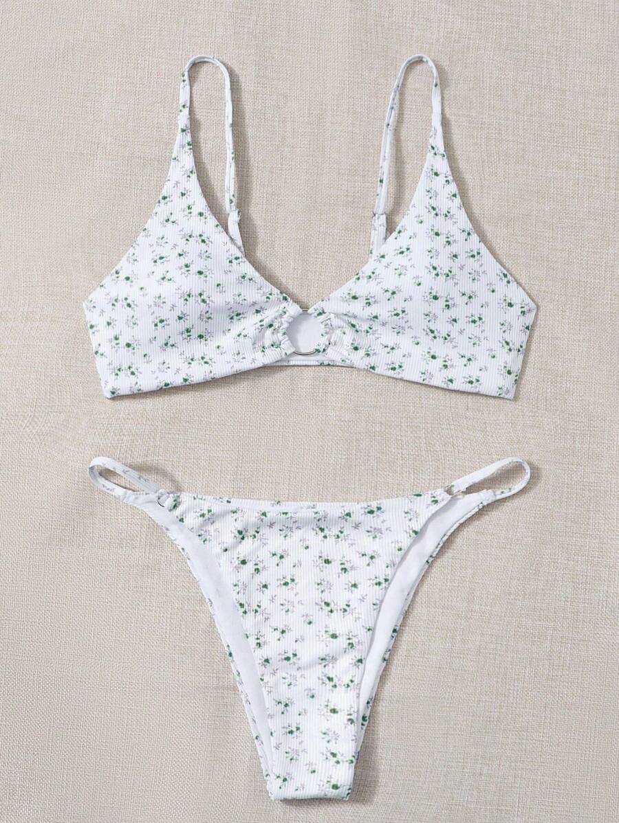 Swim Mod Summer Beach Floral Printed Circle Cutout Two-Piece Bikini Set - Dark Green - View 1