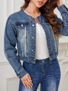SHEIN LUNE Raw Hem Cropped Denim Jacket - Light Wash - View 5