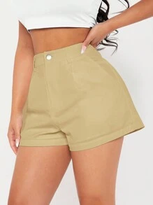 SHEIN PETITE Women's Solid Color Shorts With Pockets - Khaki - View 6