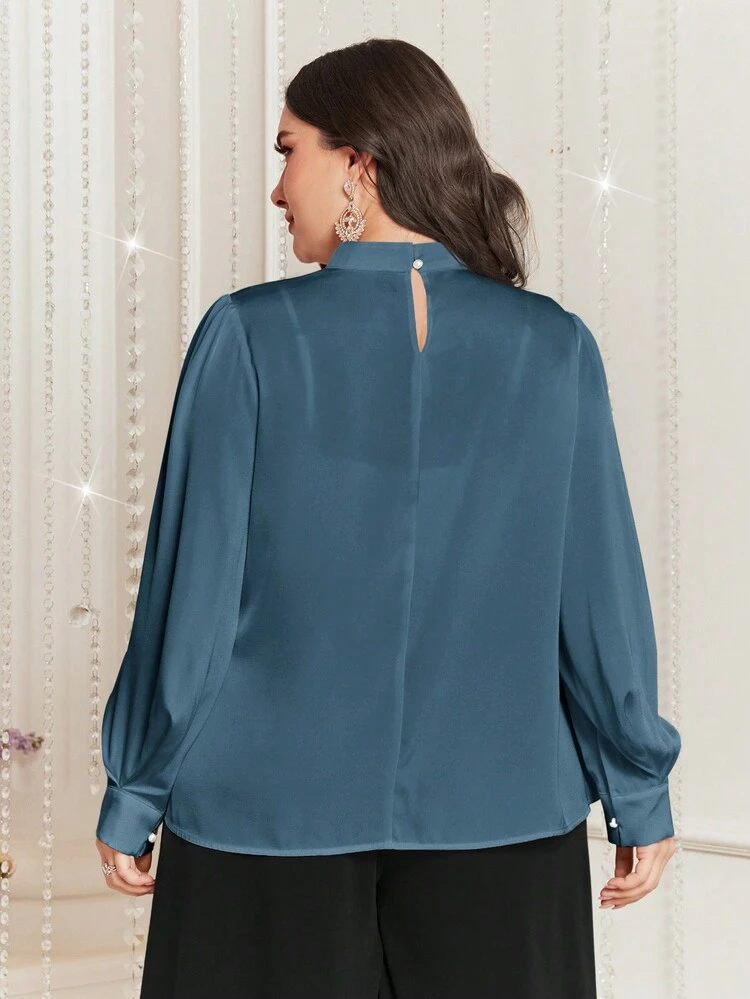 Plus Size Solid Color Shirt With Stand Collar And Lantern Sleeves