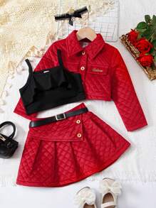 SHEIN 女小童素色吊帶上衣&褶皺腰帶半身裙&夾克適用於聖誕 - 彩色 - 查看 7