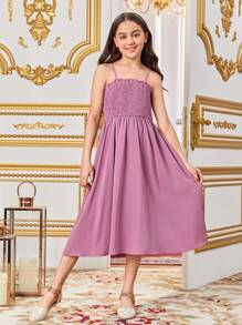 SHEIN Tween Girls' Losse Casual Jacquard Open Front Jas Met Spaghettibandjes Jurk Tweedelige Set