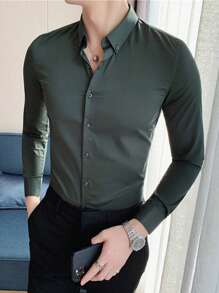 Manfinity Homme Áo sơ mi Nam Nút phía trước Lá thư Giải trí - Màu xanh lá cây đậm - Xem 3