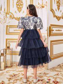 SHEIN Chiếc váy chắp vá cổ tròn xếp nếp dễ thương và tuyệt đẹp dành cho các cô gái Tween - Xanh đậm - Xem 2