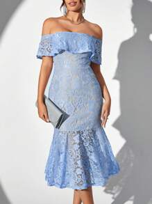 SHEIN Belle 露肩、蕾絲面料、修身美人魚裙 - 淺藍色 - 查看 8