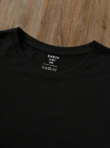 INAWLY Plus Size Solid Color Round Neck Short Sleeve Casual T-Shirt - Black - View 3