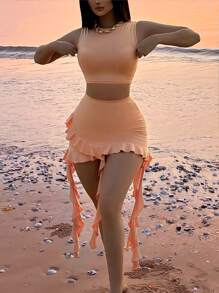 Zolique Women's Crop Top & Ruffle Hem Asymmetrical Skirt Set, Sexy Orange, 2pcs - Orange - View 3