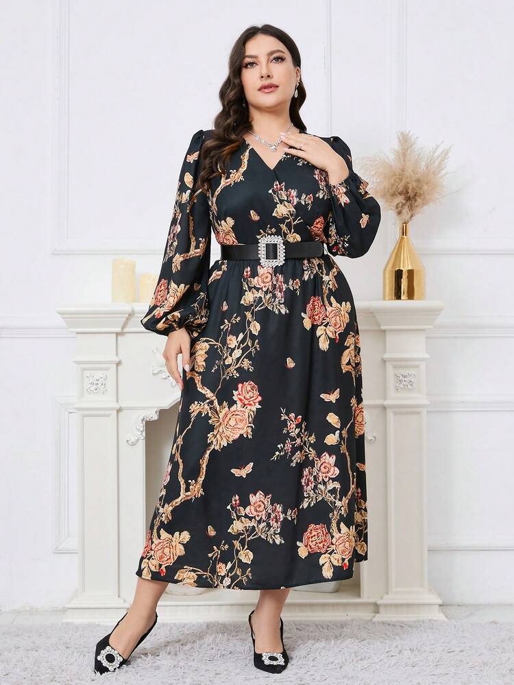Plus Size Women's Floral Print Lantern Sleeve Arabian Style Dress Long Evening Dresses