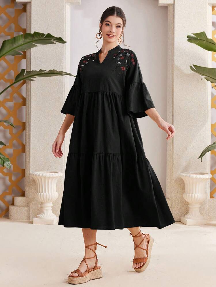 Mulvari Của phụ nữ Hoa In Chải Cổ chữ V Mùa hè Đầm - màu đen - Xem 8