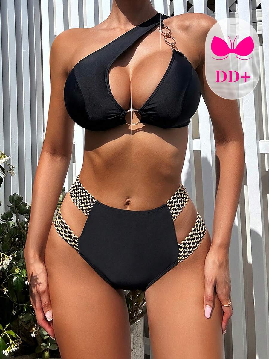 Swim DD+ 女士不对称领口比基尼套装 夏日海滩 - 黑色 - 查看 1