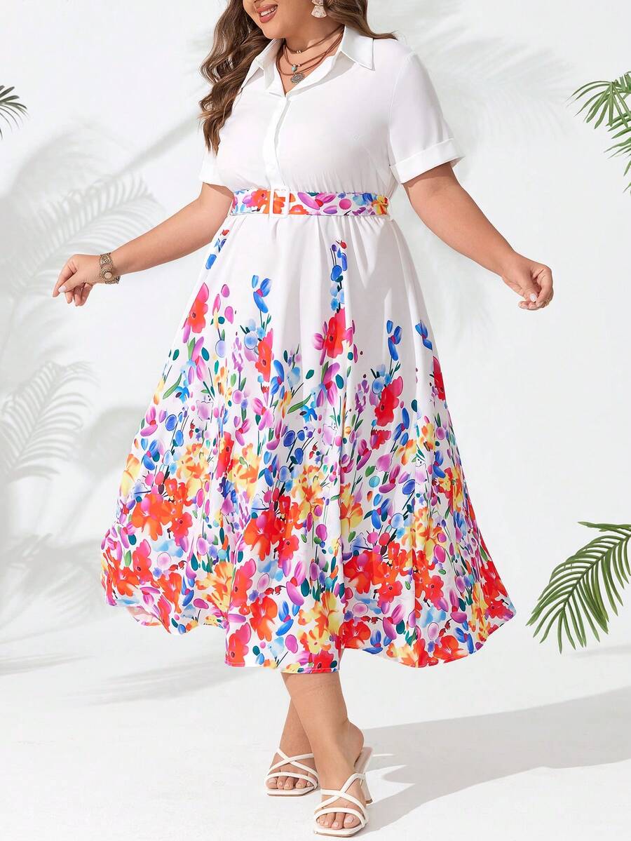 SHEIN Holidaya Váy chữ A in hoa tay ngắn cỡ lớn cho nữ - trắng - Xem 1