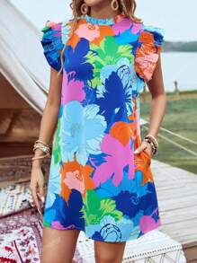 Princess Sleeve Ruffle Tropical Floral Dress With Pocket For Holiday & Casual