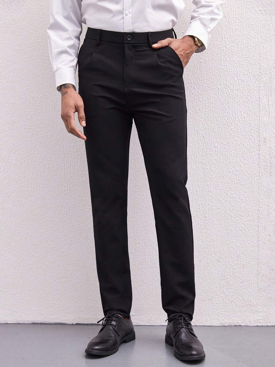 Men's Straight Leg Casual Pants With Slanted Pockets - Black - View 1