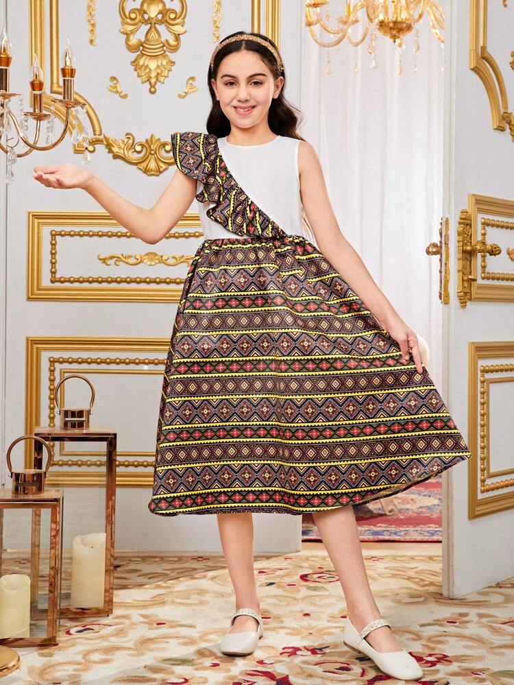 Tween Girls' Loose Fit Casual Geometric Printed Ruffled Hem Dress
