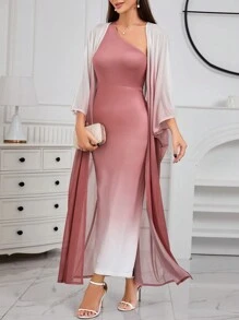 Modelyn Ombre Shoulder Sloping Dress With Coat Evening Dress 2 Pieces Set - Pink - View 3