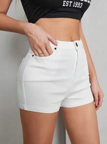 Street Style Solid Color High Waist Slant Pocket Elastic Fitted Mini Shorts, Casual Daily Wear Summer - White - View 3