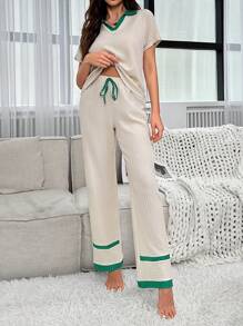 Color-Block V-Neck Collar Short Sleeve & Long Pants Women's Homewear Set - Apricot - View 6