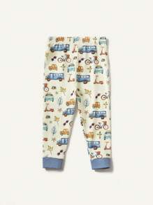 Cozy Pixies Baby Boy's Cartoon Car Pattern Color Block Short Sleeve Top And Footed Pants Snug Fit Pajama Set