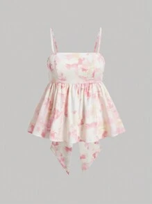 SHEIN MOD Plus Size Summer Pink Floral Print Bow Decor Cami Top - Multicolor - View 1