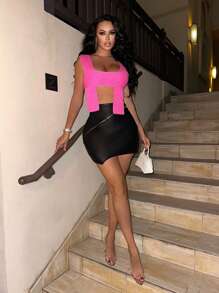 Zolique Màu thuần Bất đối xứng Quần skinny Knit ngọn - Màu Hồng Tươi - Xem 5